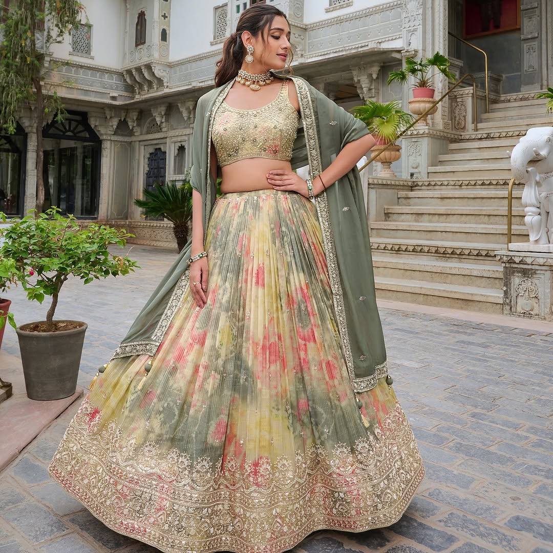 Pastel Sage Floral Lehenga with Golden Embroidered Blouse & Dupatta
