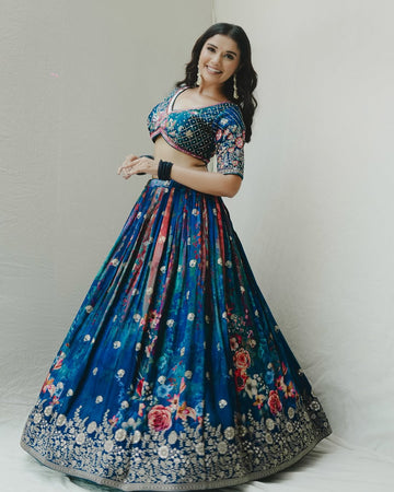 Royal Midnight Blue Floral Lehenga with Intricate Mirror & Thread Work
