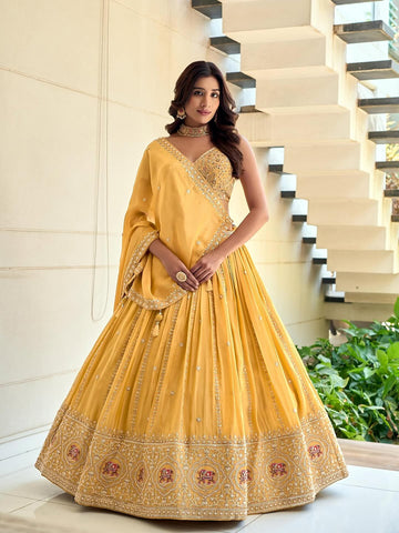 Golden Mustard Embroidered Lehenga with Sequin Work & Elegant Dupatta