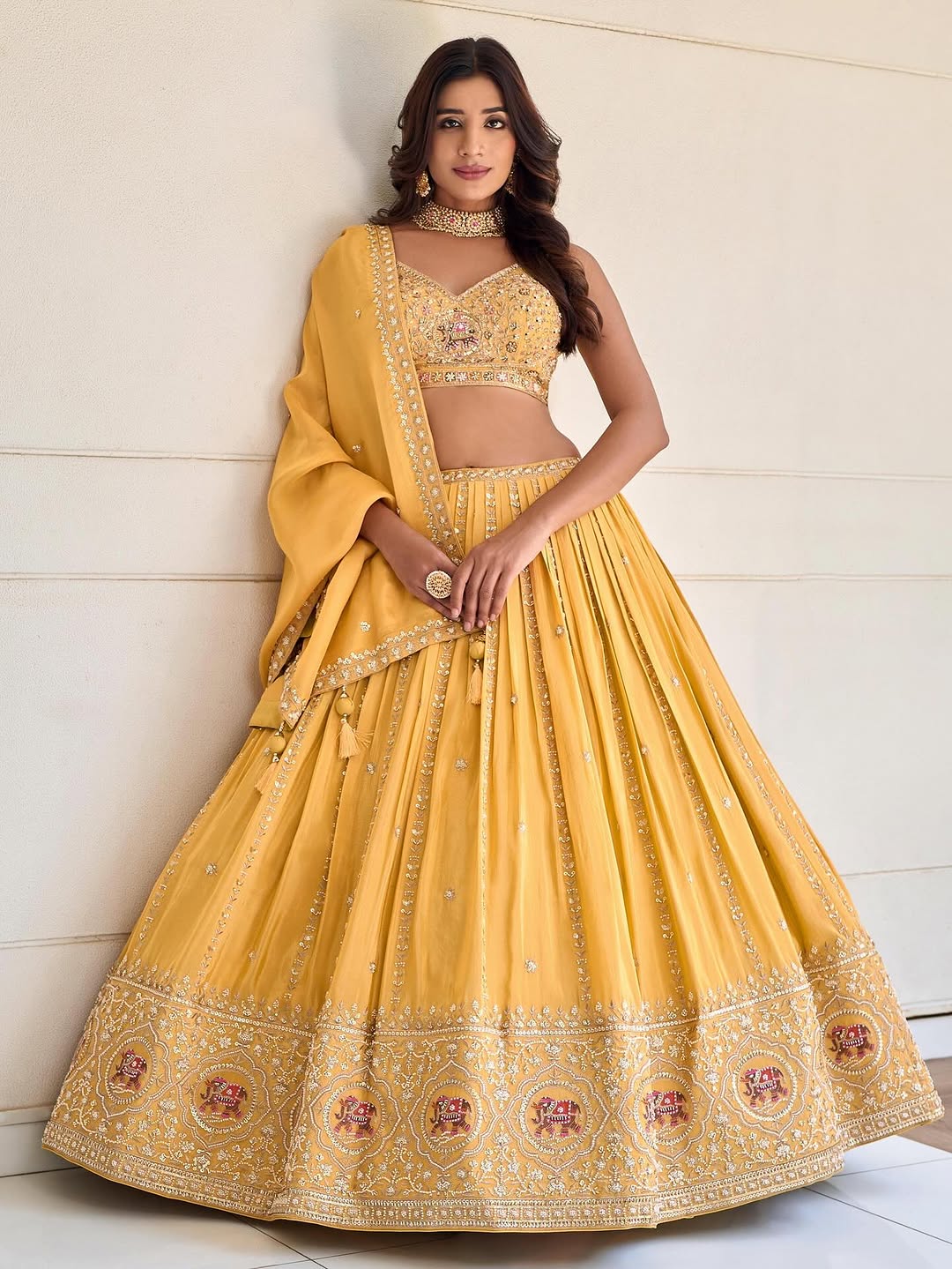 Golden Mustard Embroidered Lehenga with Sequin Work & Elegant Dupatta
