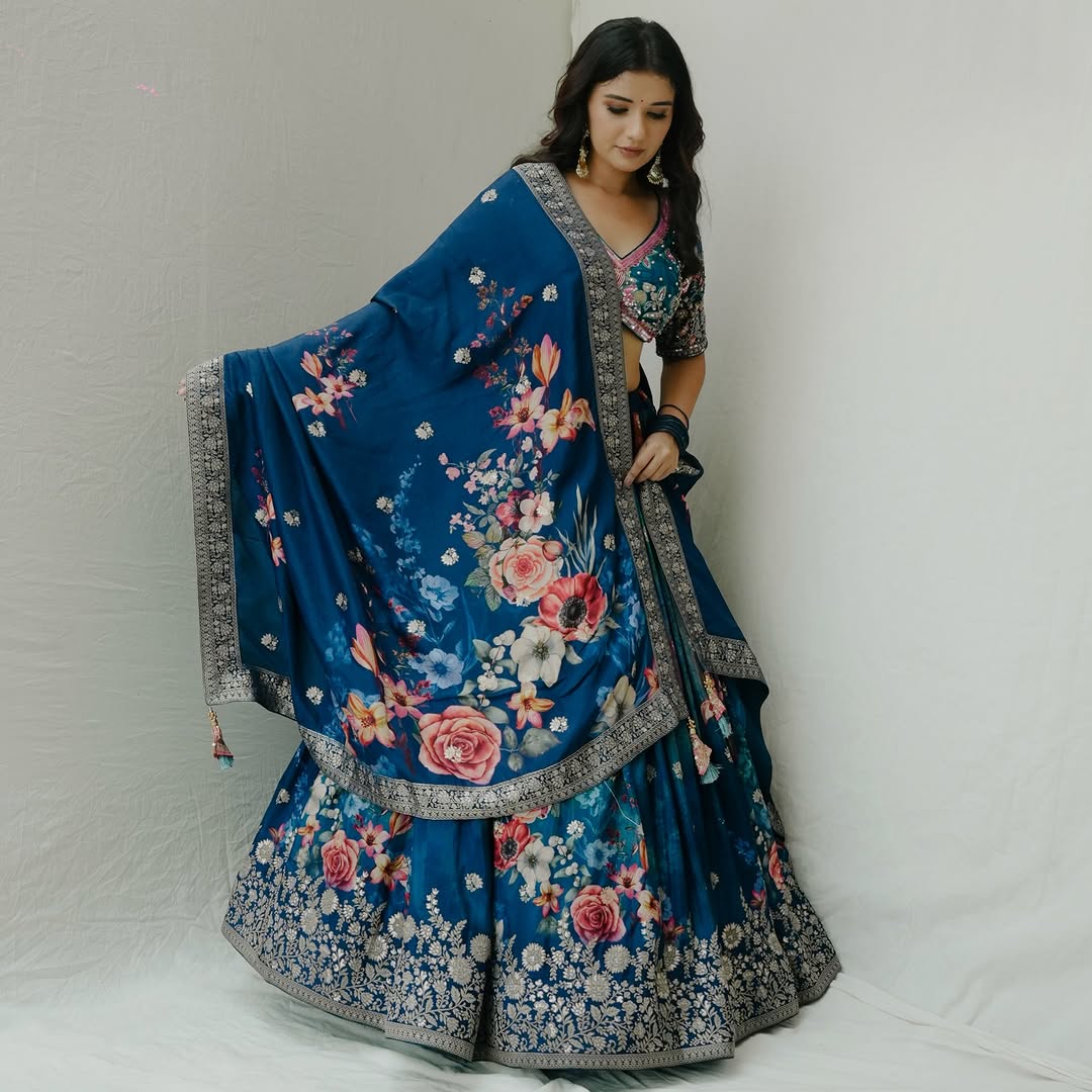 Royal Midnight Blue Floral Lehenga with Intricate Mirror & Thread Work