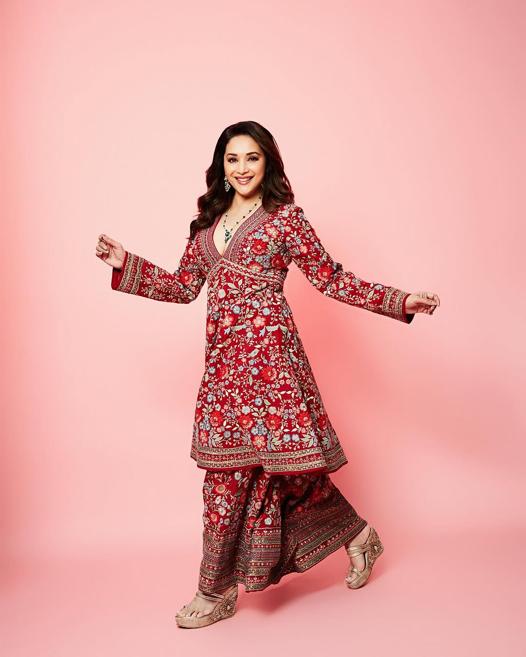 Festive Bloom – Red Floral Embroidered Ensemble"