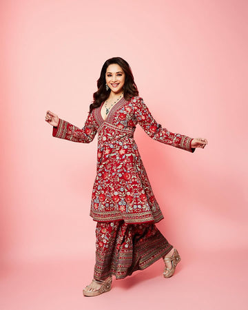 Festive Bloom – Red Floral Embroidered Ensemble"