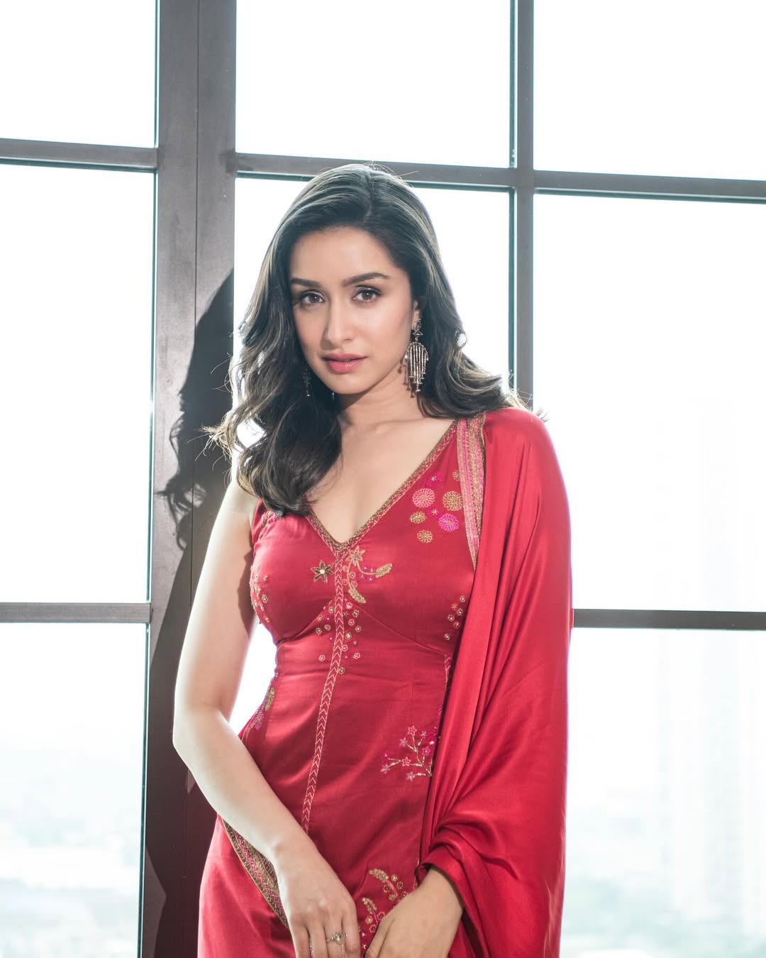"Scarlet Elegance – Embroidered Satin Ensemble"