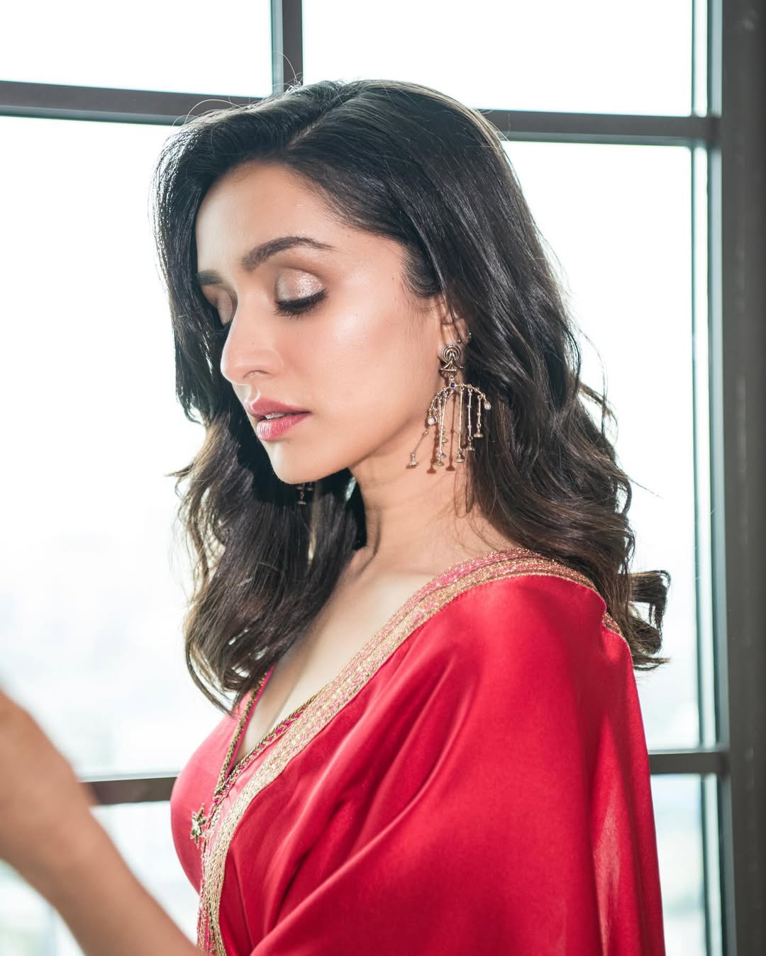 "Scarlet Elegance – Embroidered Satin Ensemble"