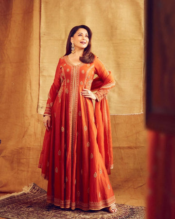 "Rust Radiance – Embroidered Anarkali Ensemble