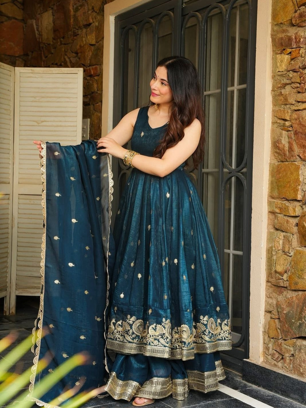 Teal Green Embroidered Silk Salwar Kameez With Dupatta