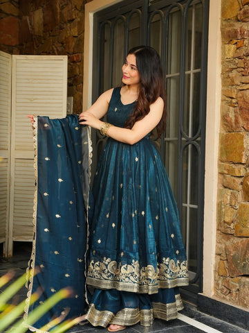 Teal Green Embroidered Silk Salwar Kameez With Dupatta