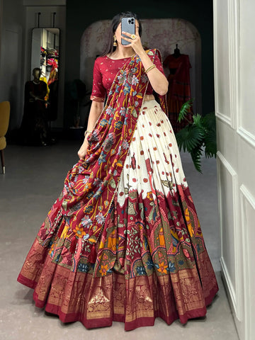 Regal Maroon & Ivory Handcrafted Madhubani Print Lehenga Set
